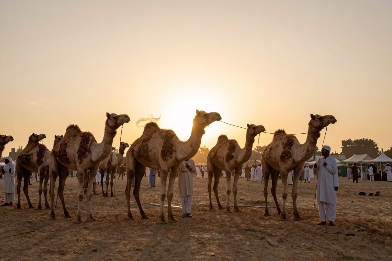 Silhouetted Camels at Pushkar Festival Sunset Square in at a public square during a festival near Doha