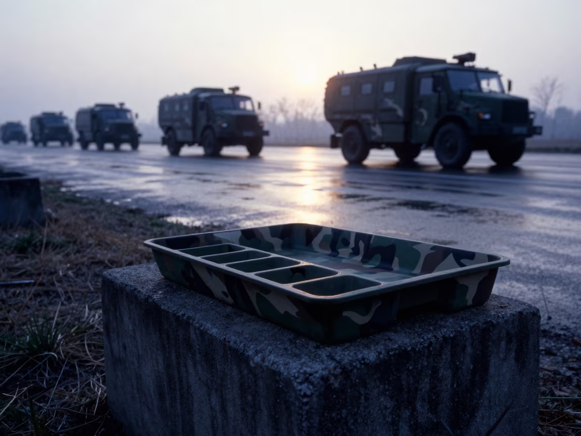 Silhouetted Camouflage Paint Tray at Hangzhou Hangar in beside a convoy halt on open ground near Hangzhou