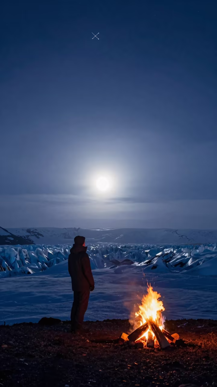 Silhouetted Campfire Against Glacial Mist and Stars in beneath a hard winter sky over snowfields near Design District, Helsinki