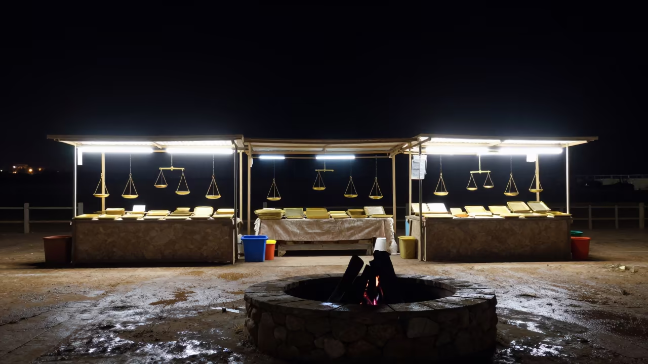 Silhouetted Campfire Ring in Aden Jewelry Stall Night in inside a jeweler's stall with brass scales and trays near Aden
