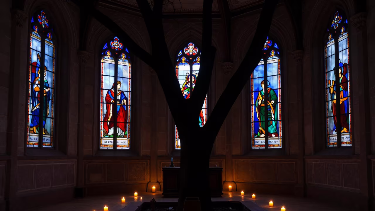 Silhouetted Camphor Tree in Seoul Chapel in in a chapel lit by stained glass in Seochon, Seoul