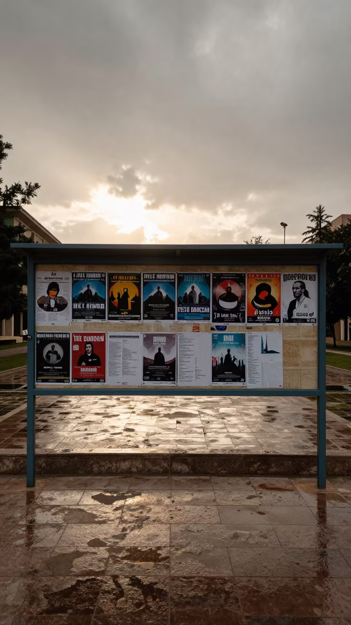 Silhouetted Campus Board in Al Mokattam Evening Rain in across a rain-washed campus courtyard in Al Mokattam
