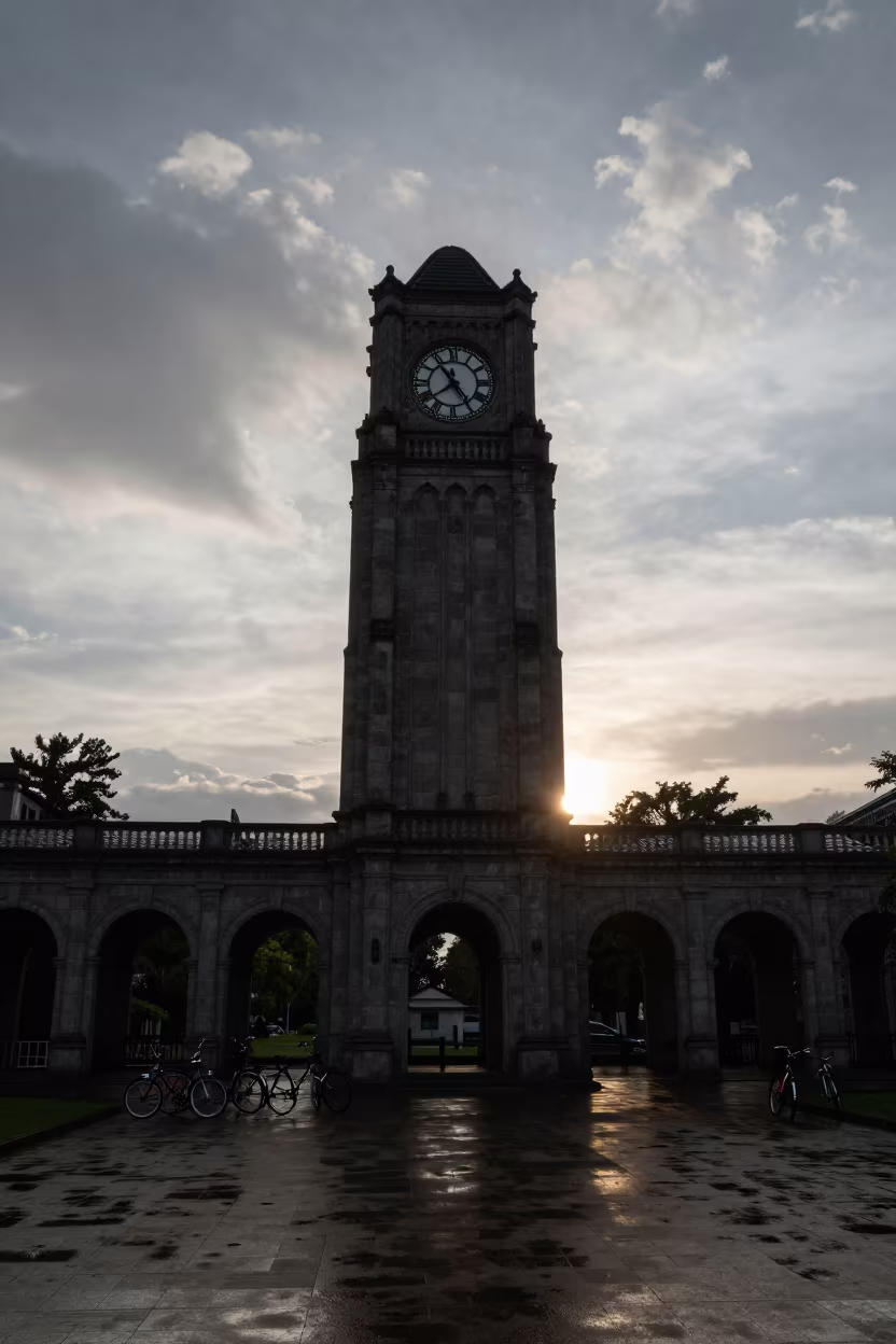 Silhouetted Campus Clock Tower After Spring Shower in beneath a university cloister near Formosa