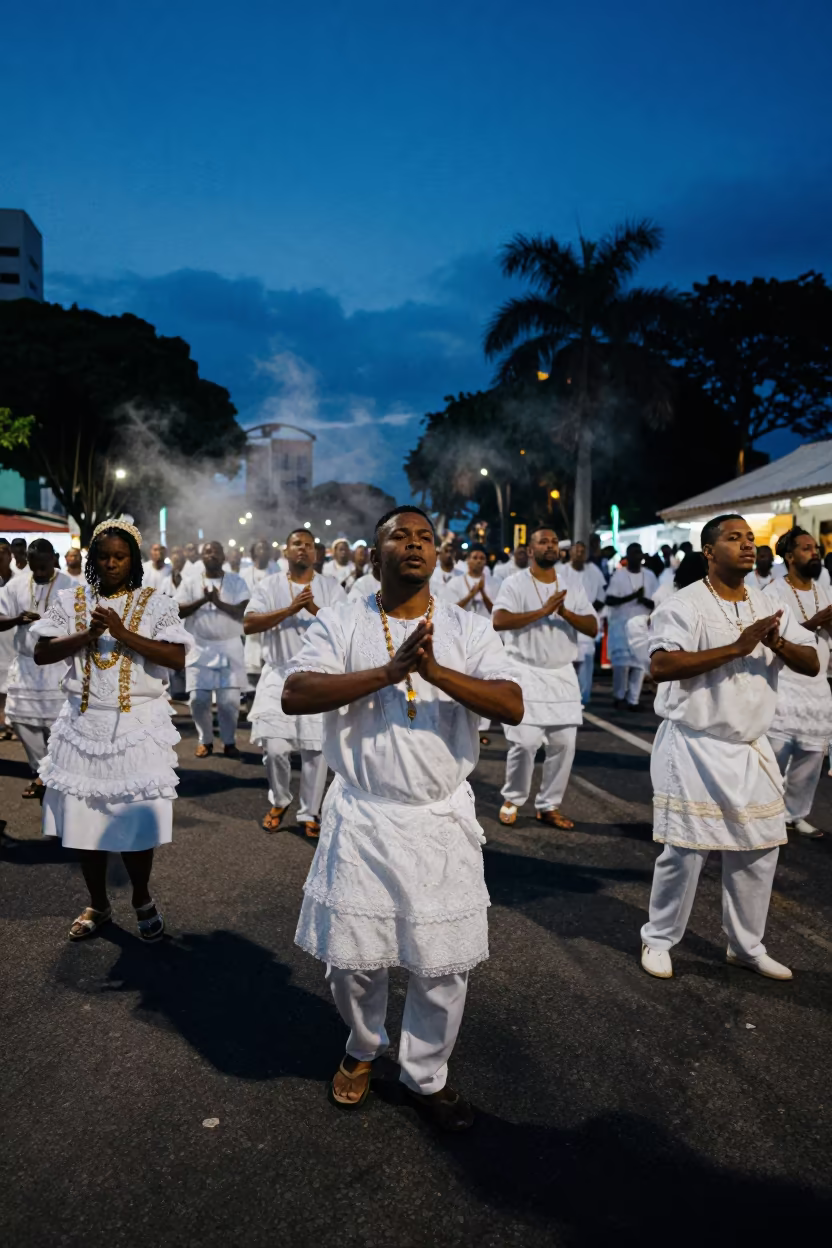 Silhouetted Candomble Dancers in Curitiba Square in at a public square in Curitiba