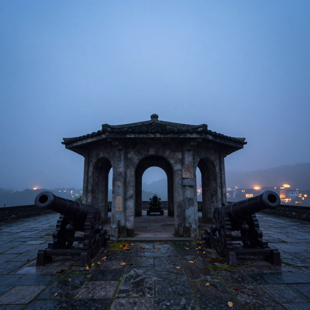 Silhouetted Cannons in Guizhou Mist at Blue Hour in inside a roofless nave in Guizhou