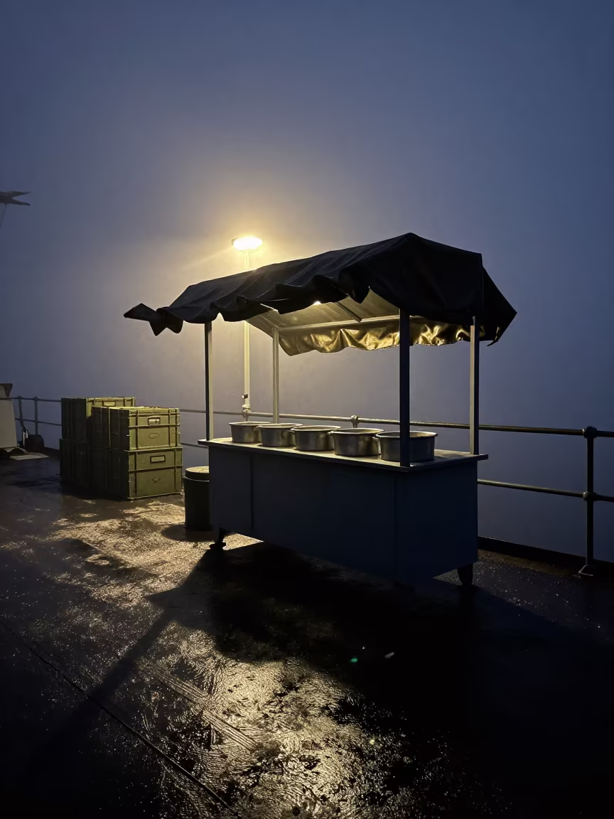 Silhouetted Canteen Station on Misty Naval Deck in on a naval deck in rough wind in Nagaland