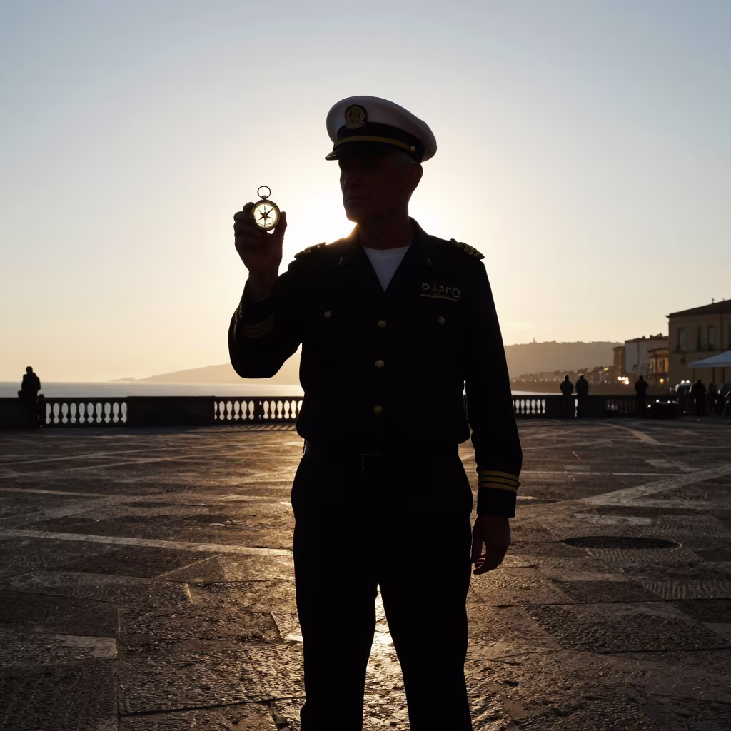 Silhouetted Captain with Brass Compass in Naples in at a public square in Sanita, Naples