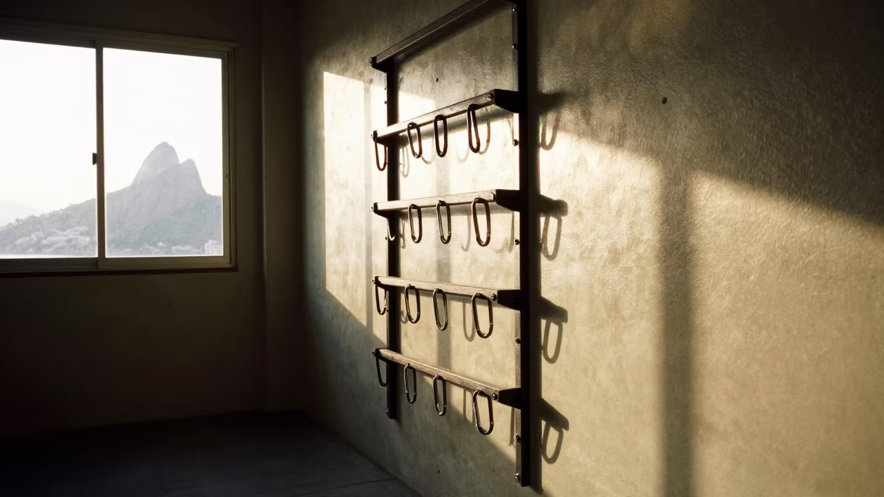 Silhouetted Carabiner Drawer in Rio Gym Light in inside a climbing gym warmup zone in Gloria, Rio de Janeiro