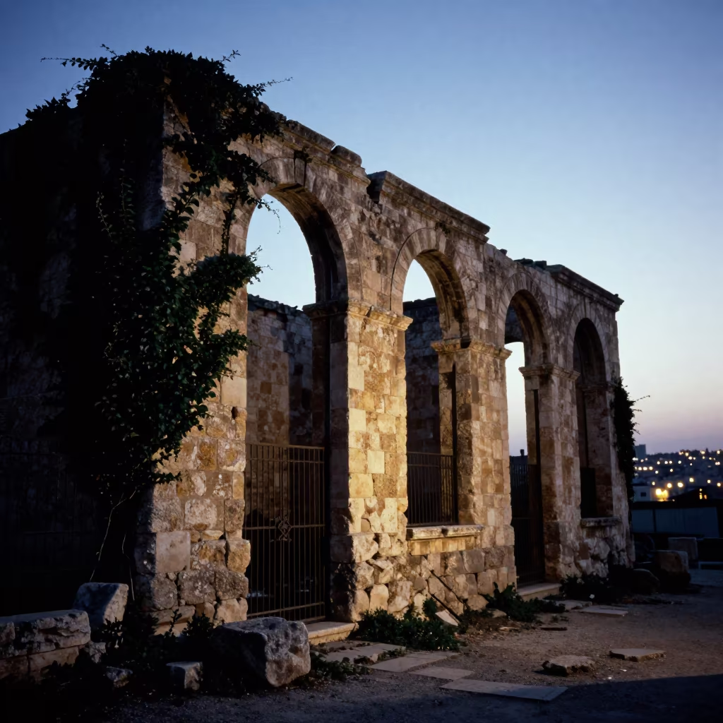 Silhouetted Caravanserai Ruins Alexandria Spring in beside ivy-draped masonry near Alexandria