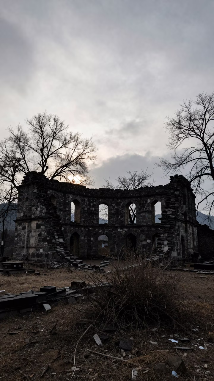 Silhouetted Caravanserai Ruins in Winter Arunachal in among collapsed cloisters in Arunachal Pradesh