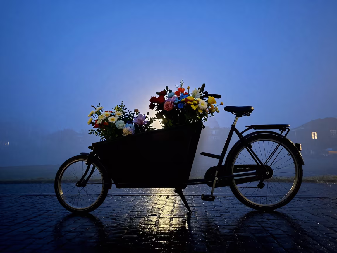 Silhouetted Cargo Bike with Flowers in Amsterdam Fog in near Amsterdam