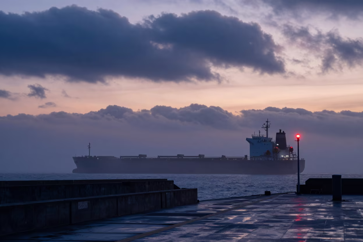 Silhouetted Cargo Ship in Belgian Twilight in beside a fogbound harbor mouth in Belgium