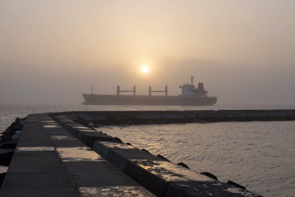 Silhouetted Cargo Ship in Winter Fog in beside a fogbound harbor mouth in Michigan