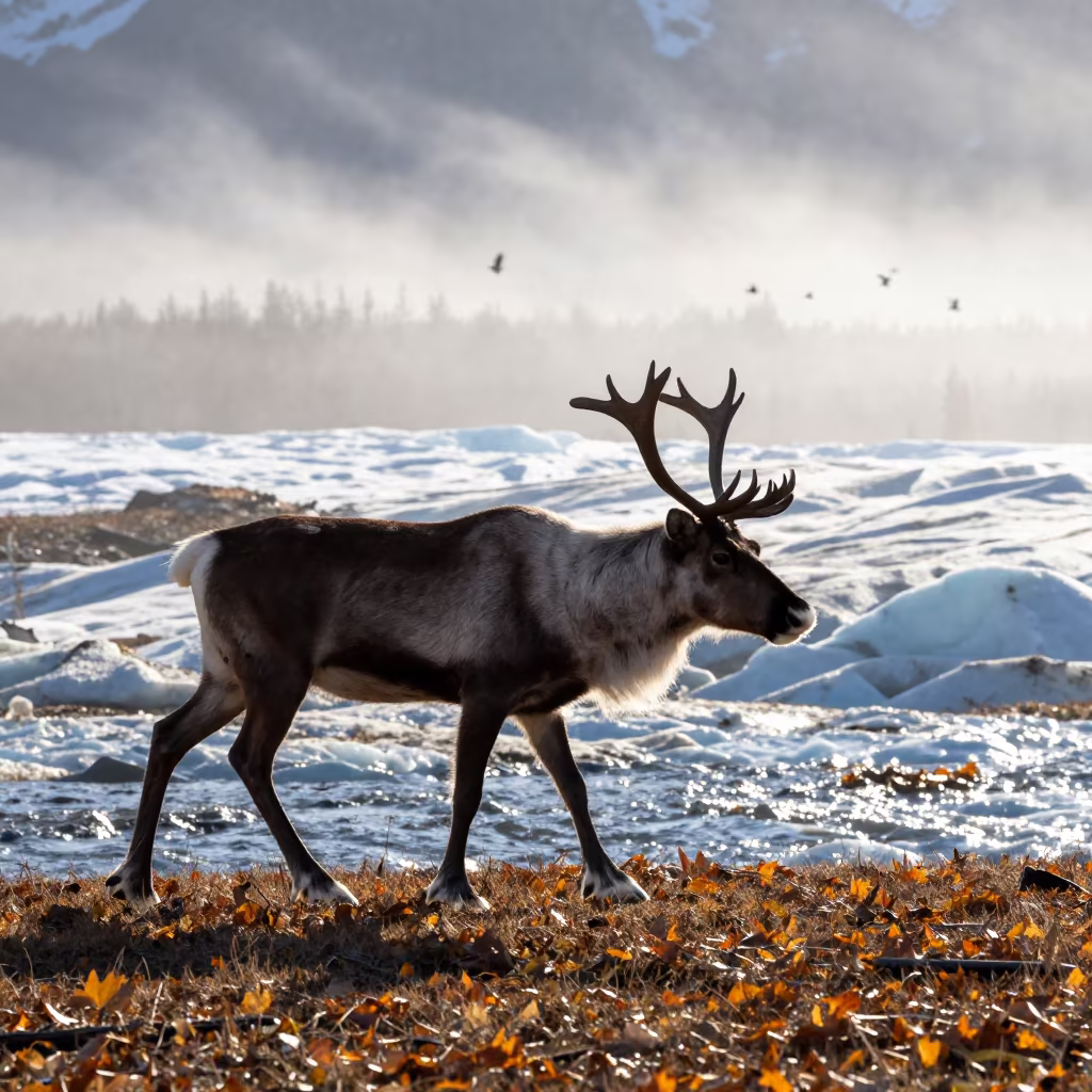 Silhouetted Caribou Stag Crossing Glacial Stream in above a glacial stream in Odisha