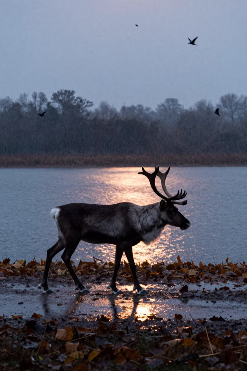 Silhouetted Caribou Stag Crossing Rainy Ridge in on a wind-scoured ridge in Haiti