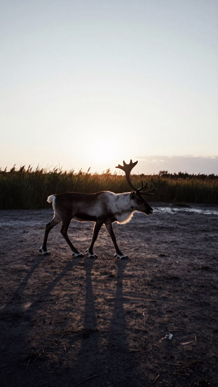 Silhouetted Caribou Stag at Twilight Salt Marsh in at the edge of a reed bed near Ortahisar