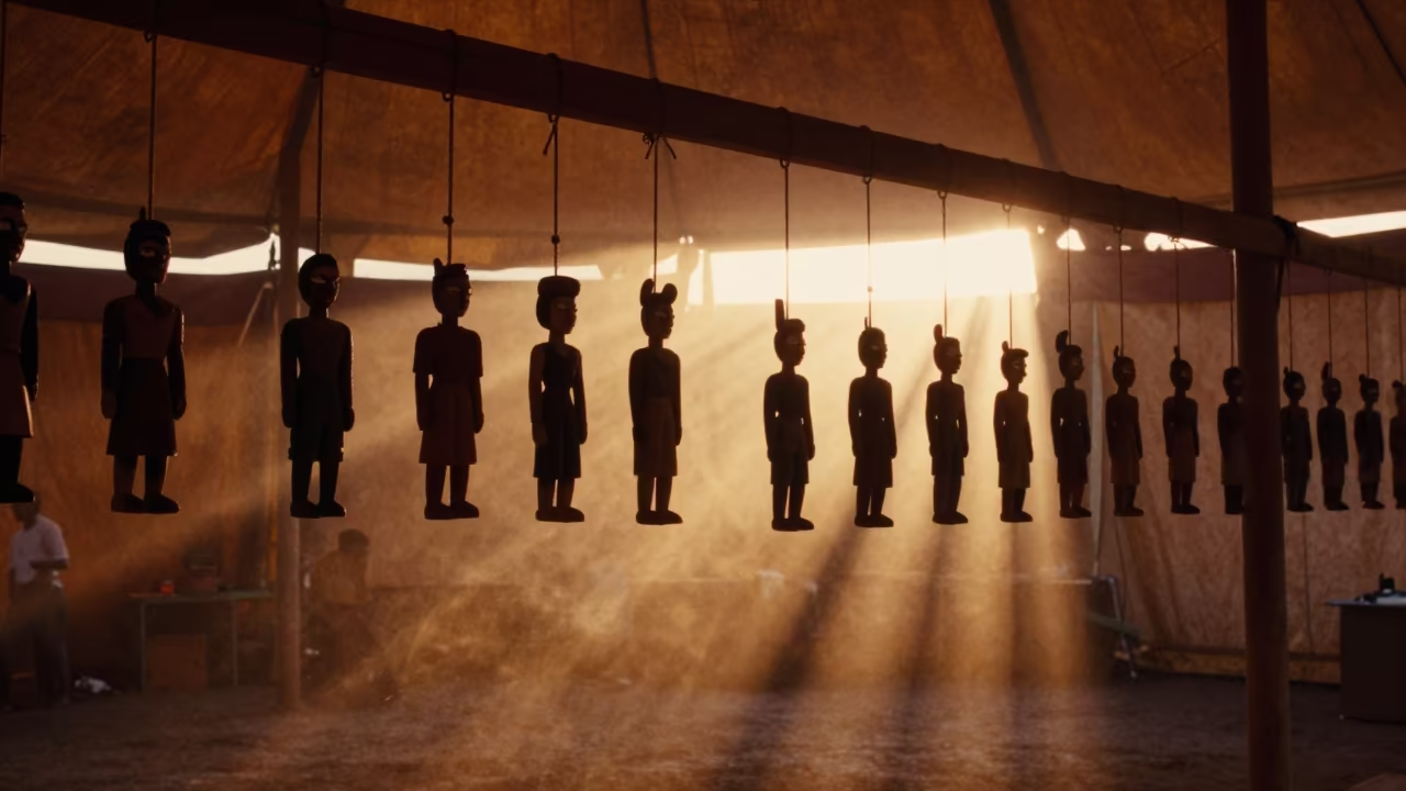 Silhouetted Carved Puppets in Bondoukou Tent in under a circus tent in Bondoukou