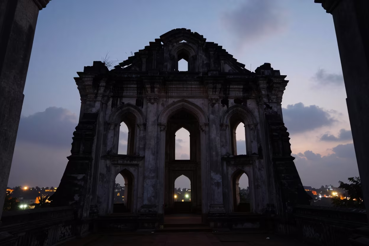 Silhouetted Castle Keep Against City Lights in inside a vaulted atrium in Visakhapatnam