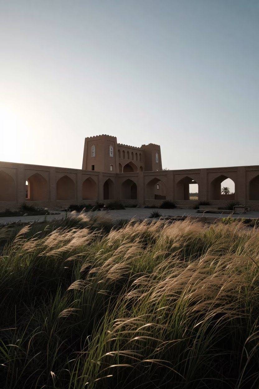 Silhouetted Castle Ruins at Dawn in Kerman in through a courtyard reclaimed by grasses near Kerman