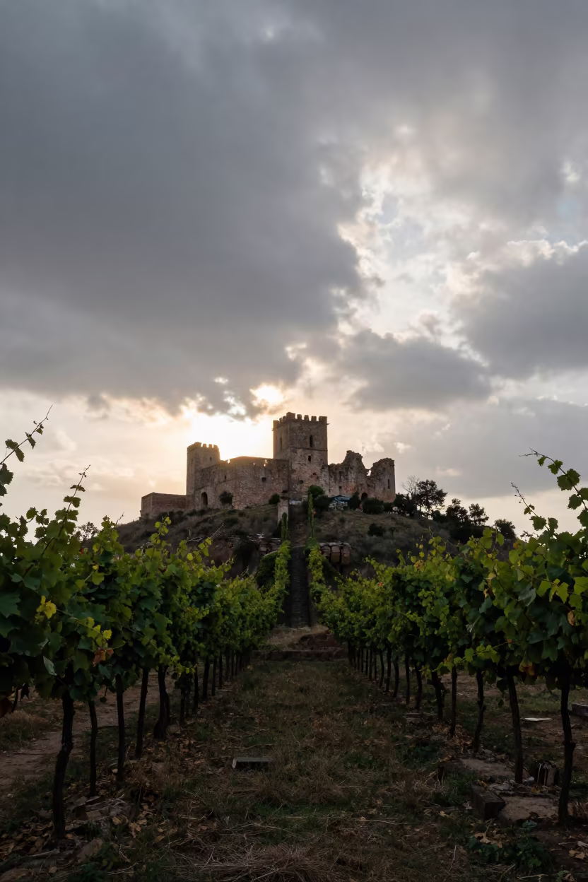 Silhouetted Castle Ruins on Overcast Hilltop in along a vine-choked corridor near Morelia