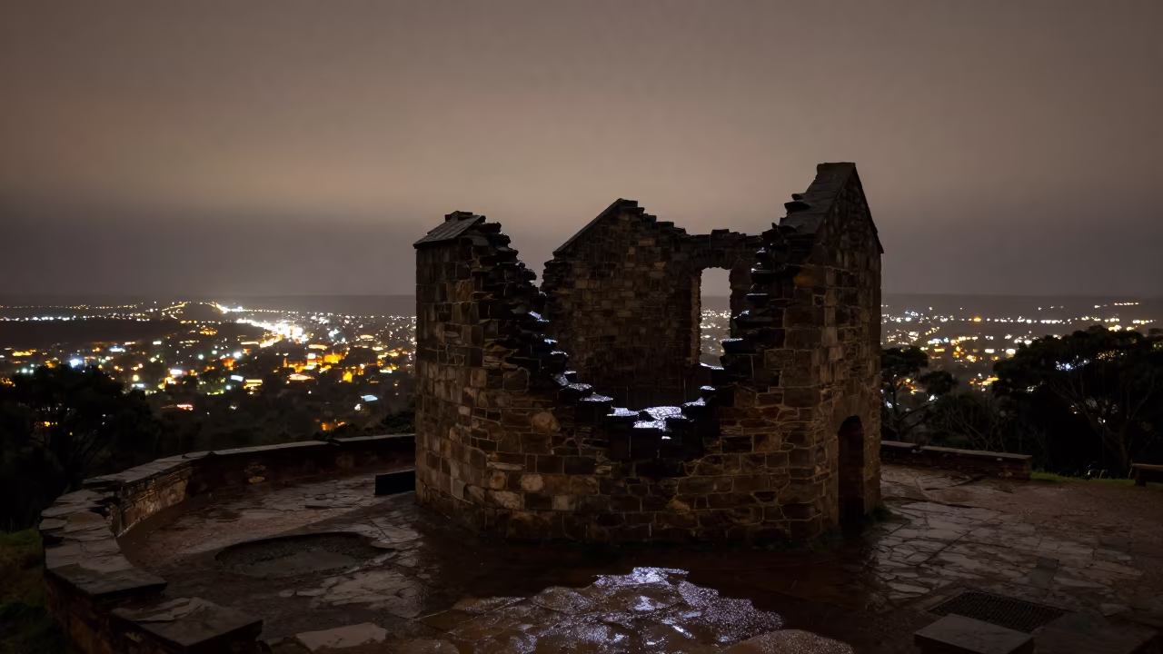 Silhouetted Castle Ruins in Western Australian Hammam in inside a roofless hammam in Western Australia
