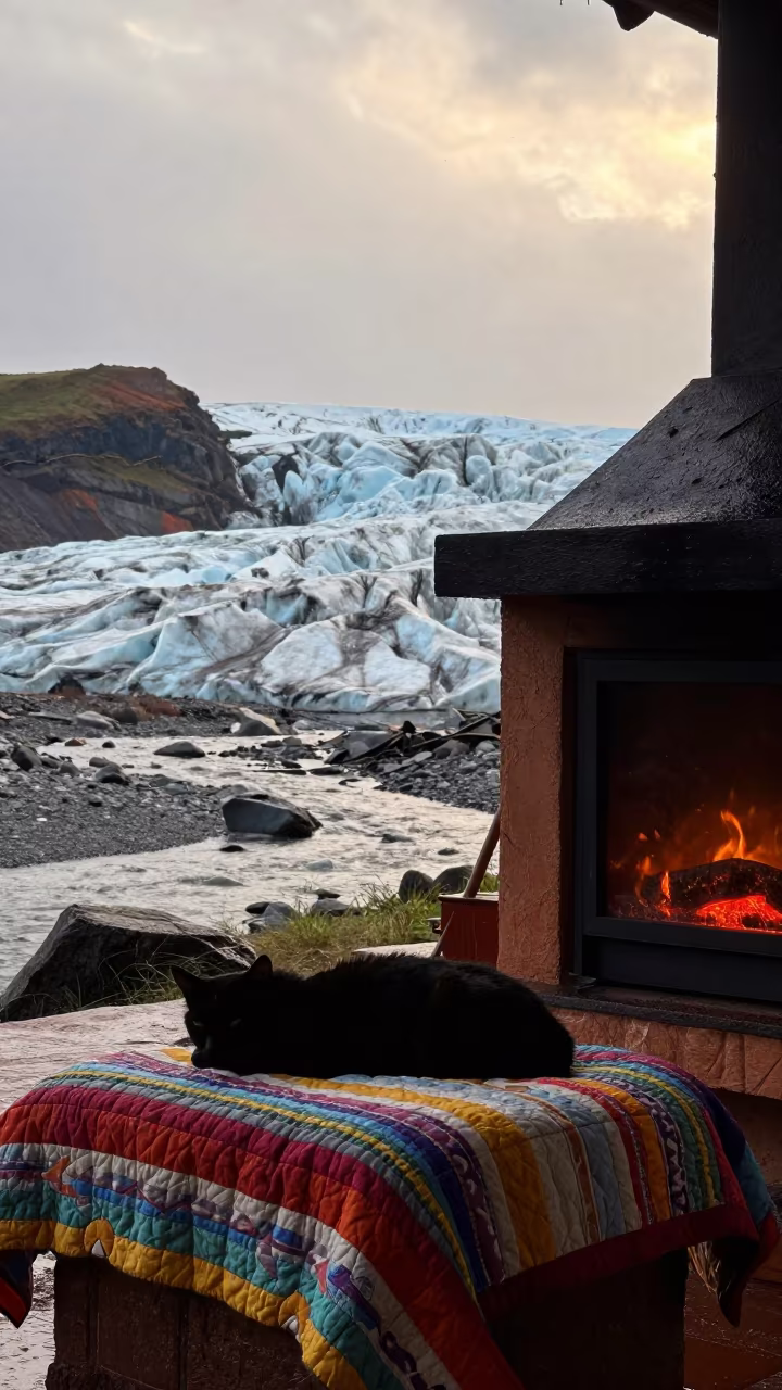 Silhouetted Cat Napping by Fire on Glacial Stream in above a glacial stream in Goa