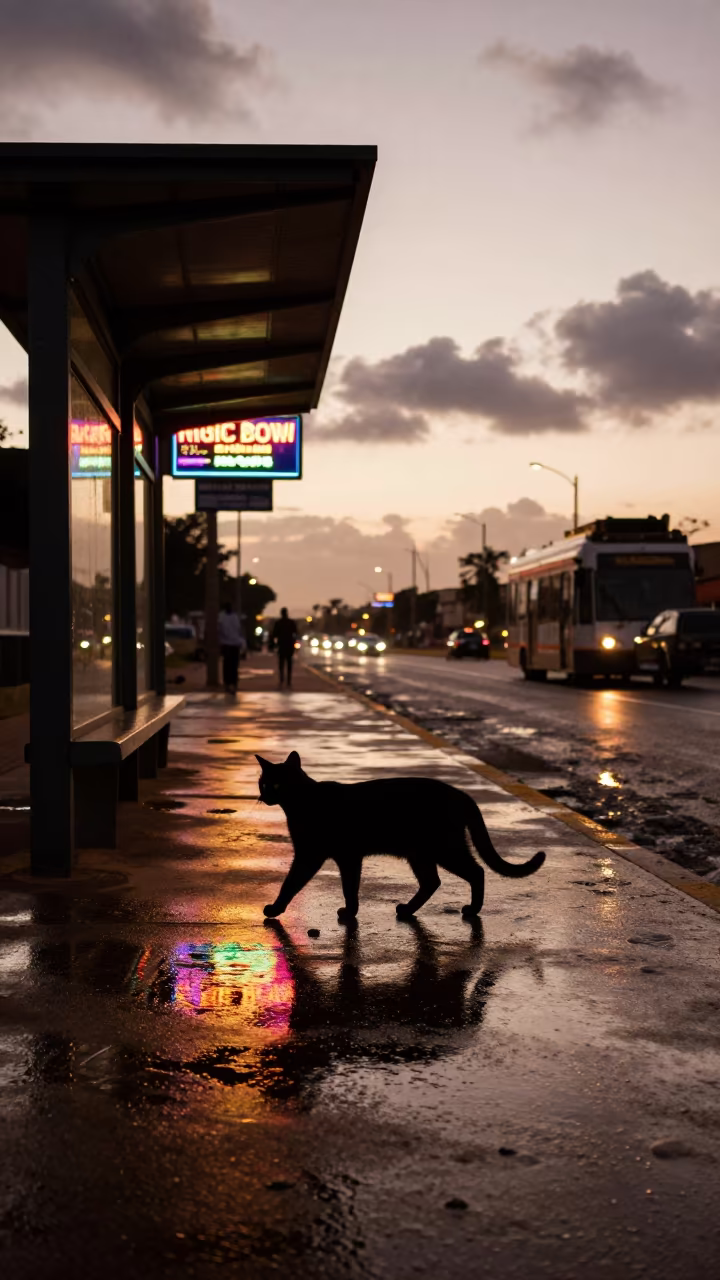 Silhouetted Cat at Niamey Tram Stop in at a tram stop in Niamey