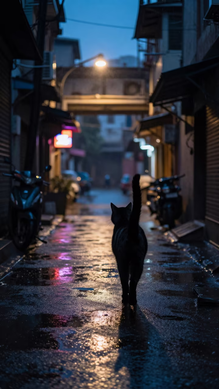 Silhouetted Cat Slinks Past Neon in Delhi Alley in beneath a flickering underpass light in Delhi