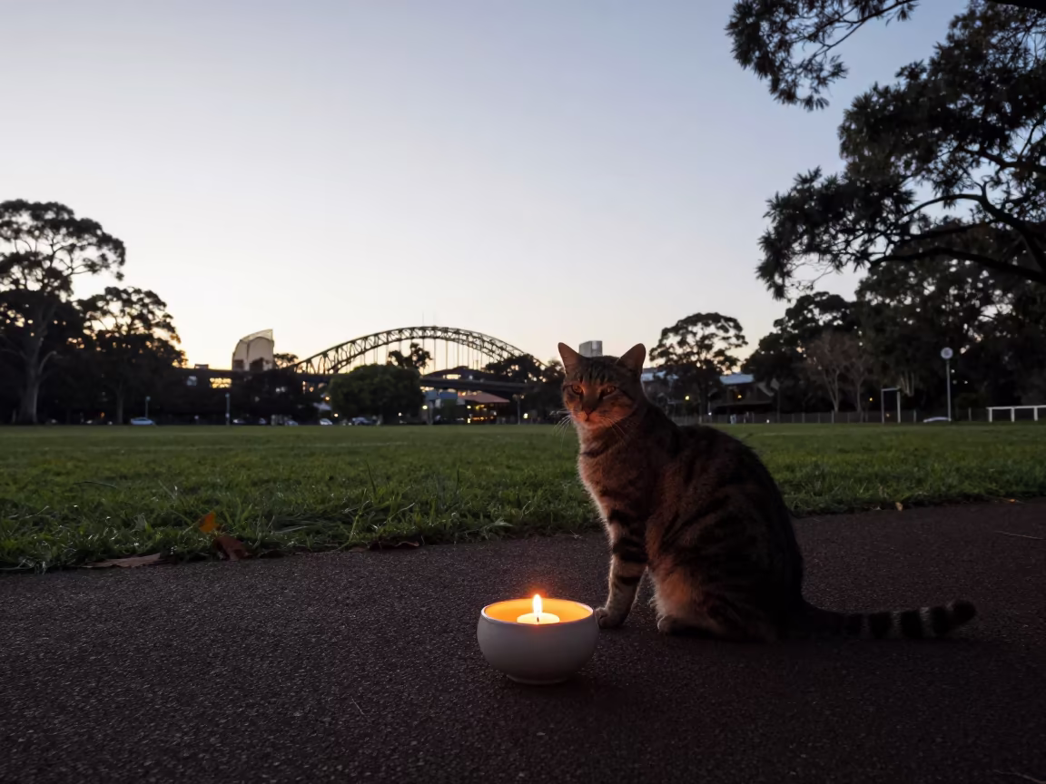 Silhouetted Cat and Tea Light on Sydney Trail in along a game trail near Paddington, Sydney