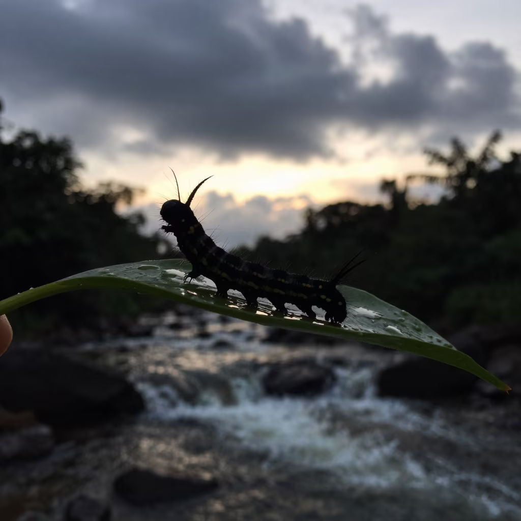 Silhouetted Caterpillar on Leaf at Glacial Stream in above a glacial stream near Bouake