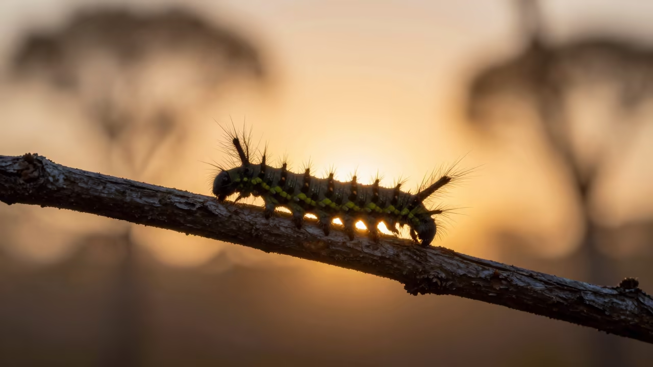 Silhouetted Caterpillar Prolegs on Twig at Sunset in in New South Wales