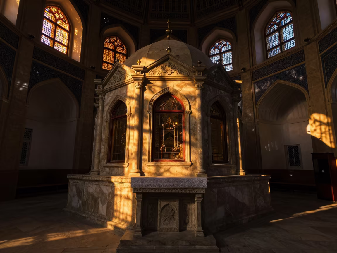 Silhouetted Cathedral Ambulatory Tashkent Sunset in at the foot of a stone altar in Tashkent