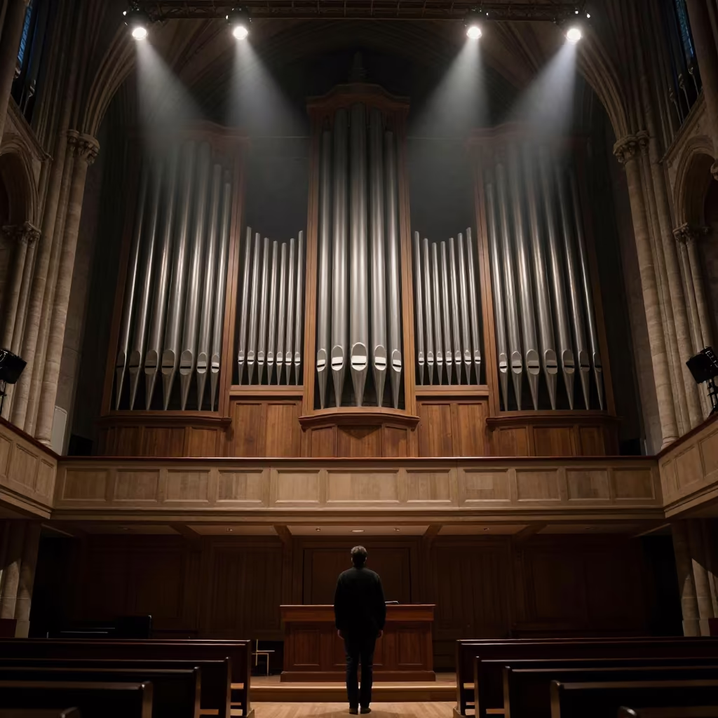 Silhouetted Cathedral Organ Pipes at Night in in a rehearsal room in Veliko Tarnovo