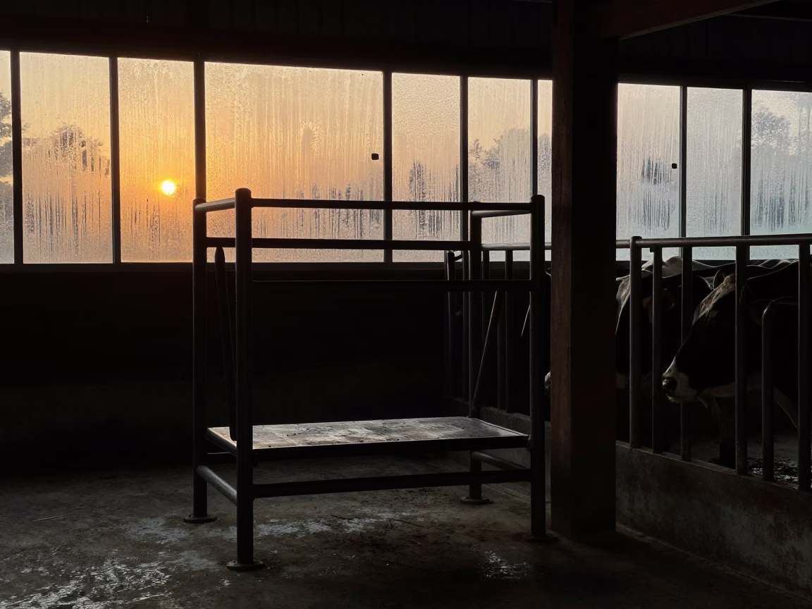 Silhouetted Cattle Chute in Central African Barn in beside a veterinary crush in a barn in Central African Republic