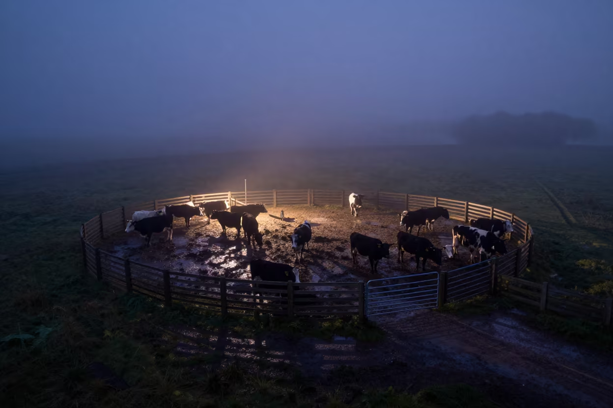 Silhouetted Cattle Corral in Misty Twilight UK in along a feedlot lane in United Kingdom