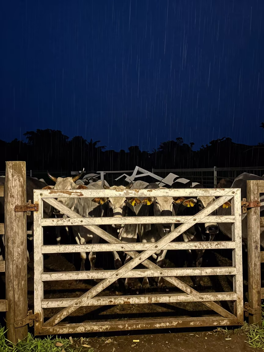 Silhouetted Cattle at Jamaican Stockyard Gate in at a stockyard loading ramp in Jamaica