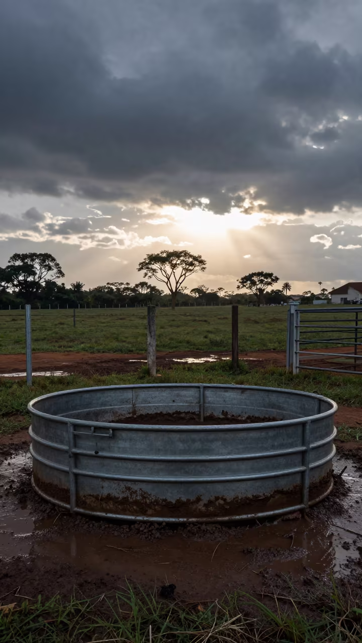 Silhouetted Cattle Trough in Mud After Storm in inside a ranch corral in São Paulo state