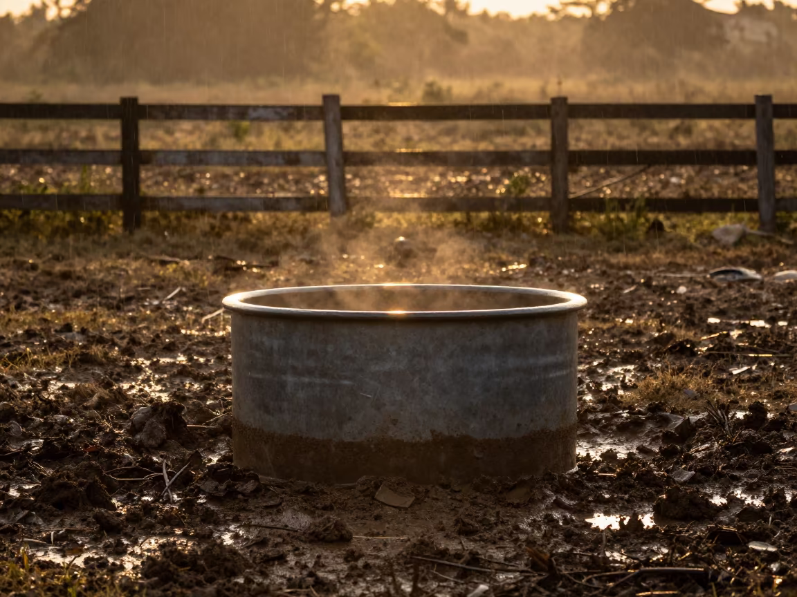 Silhouetted Cattle Trough in Rainy Season Mud in along a muddy paddock fence in Telangana