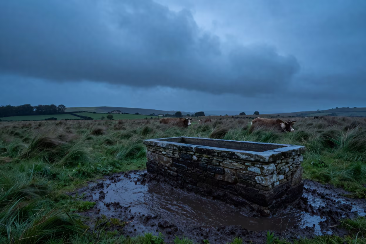Silhouetted Cattle Trough in Stormy Cotswolds in near a windbreak and water trough in the Cotswolds