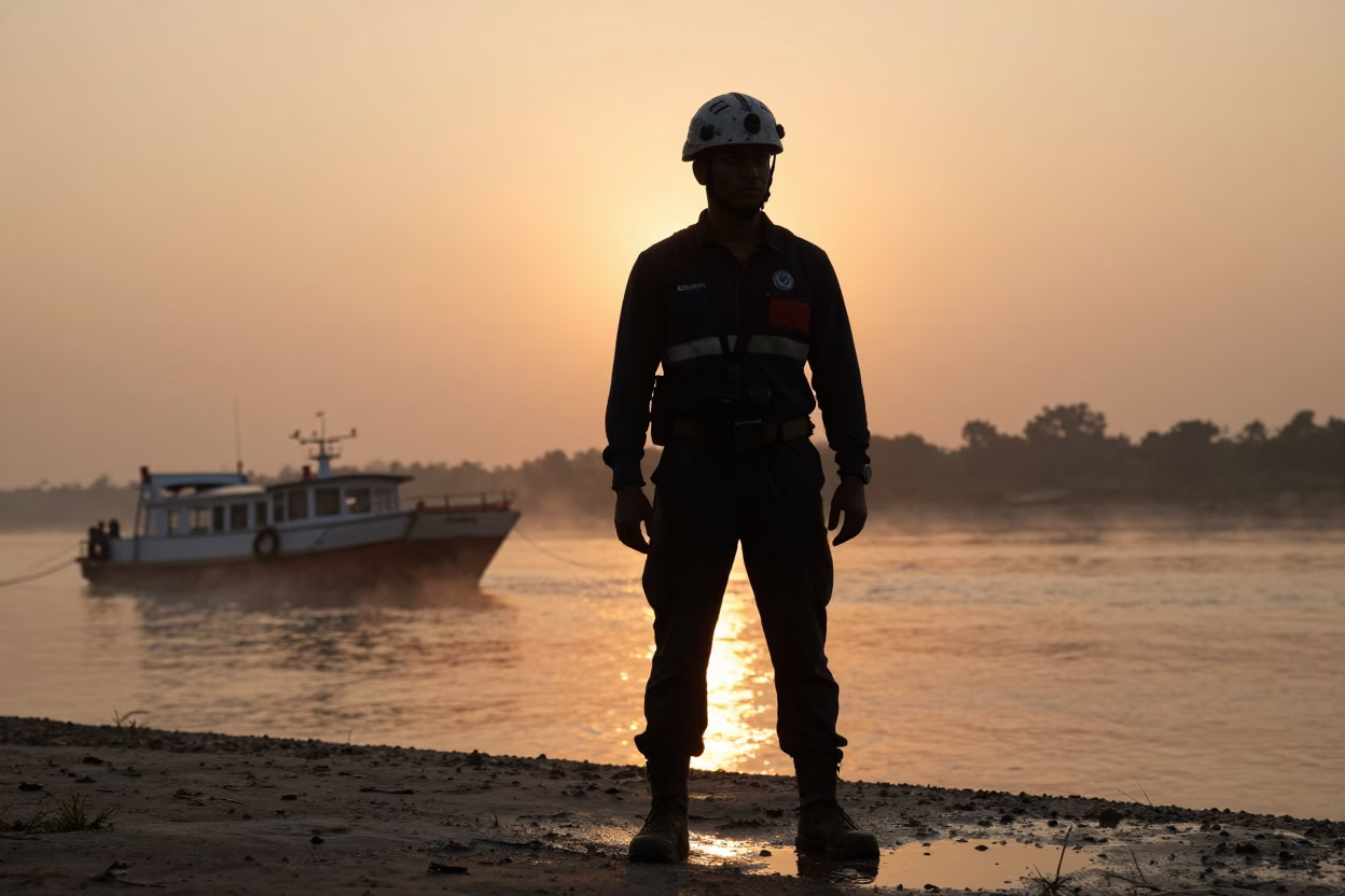 Silhouetted Cave Rescue Volunteer at Sunset in near a riverside landing in Thane
