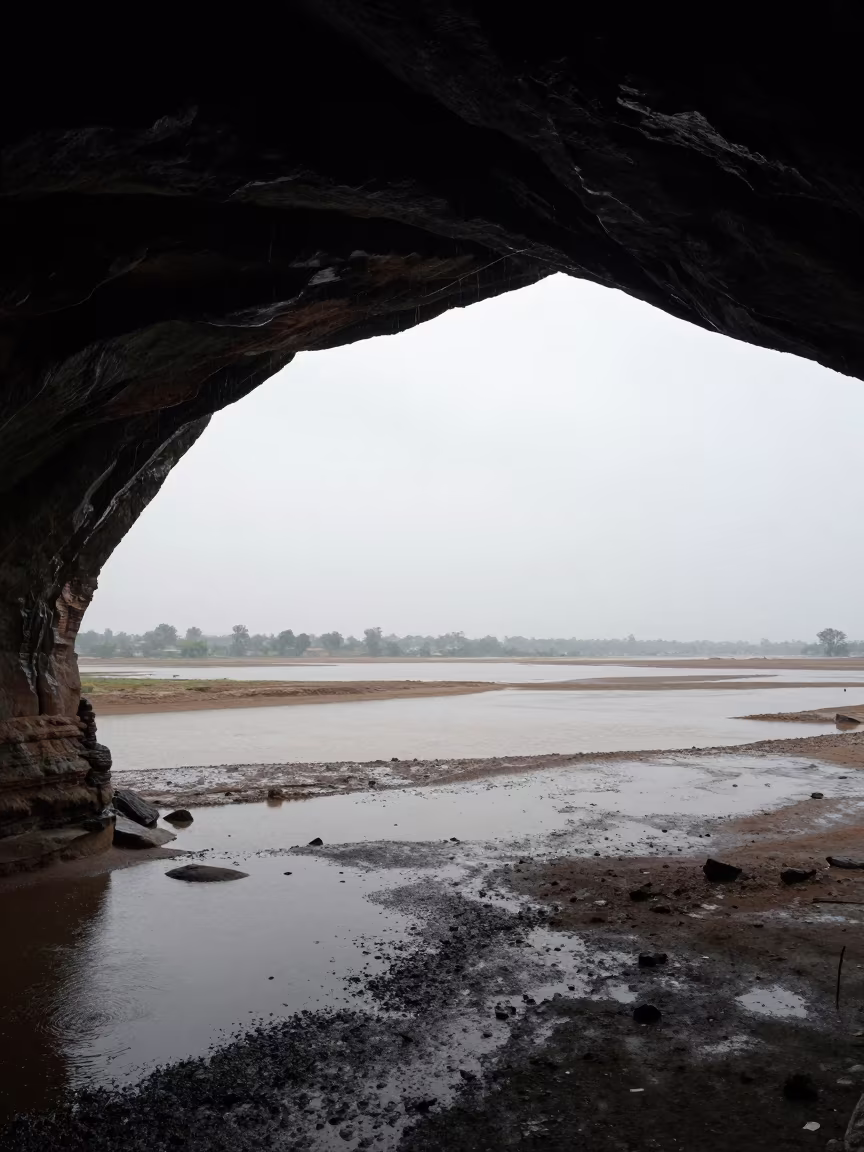 Silhouetted Cave Stalactites Over Punjab Floodplain in across a floodplain after rain in Punjab
