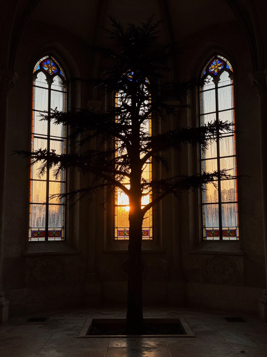 Silhouetted Cedar of Lebanon in Amber Chapel Light in in a chapel lit by stained glass in Beira