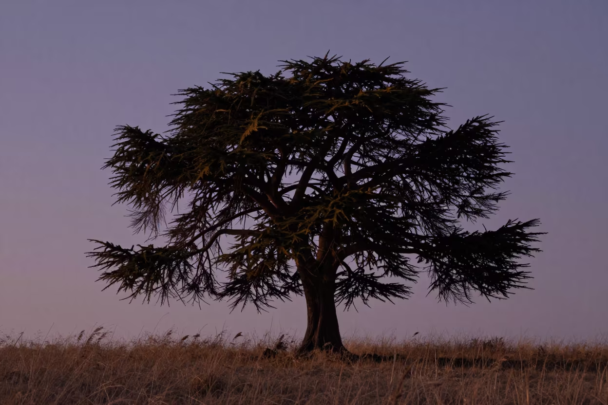 Silhouetted Cedar Against Twilight Sky in in a bloom-heavy meadow near Vitoria
