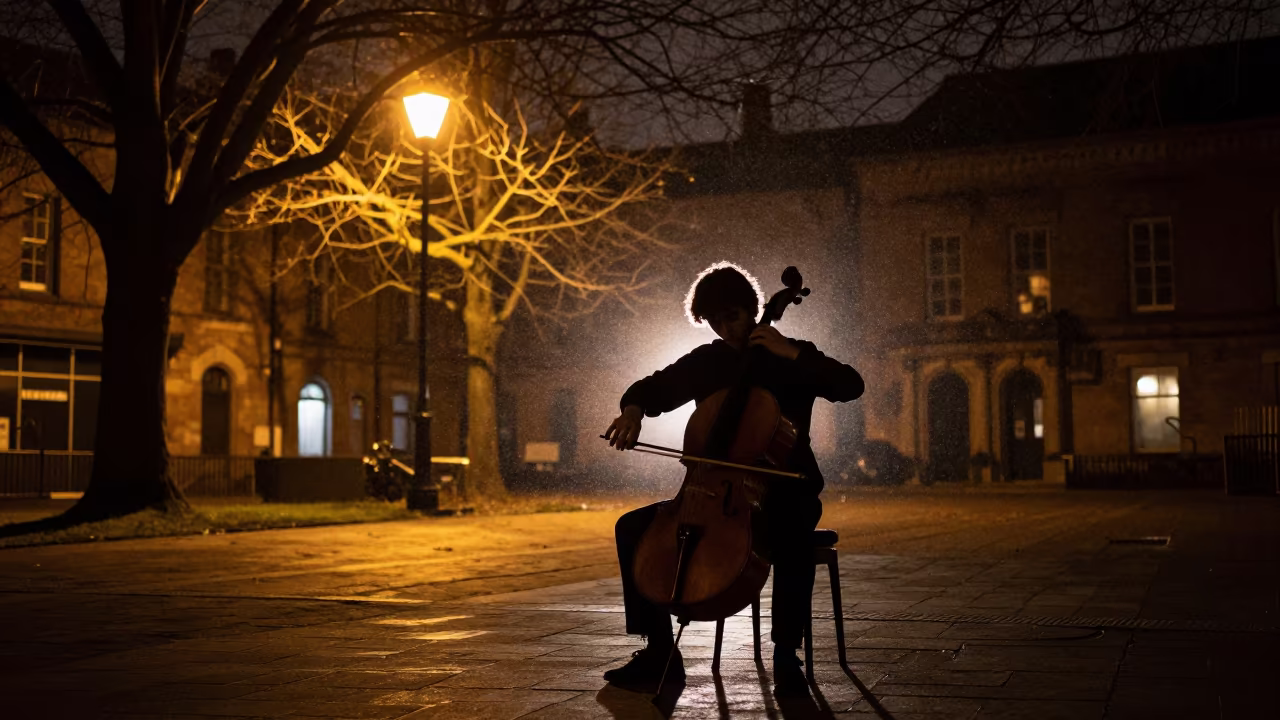 Silhouetted Cellist in Doncaster Courtyard at Midnight in in a concert hall in Doncaster