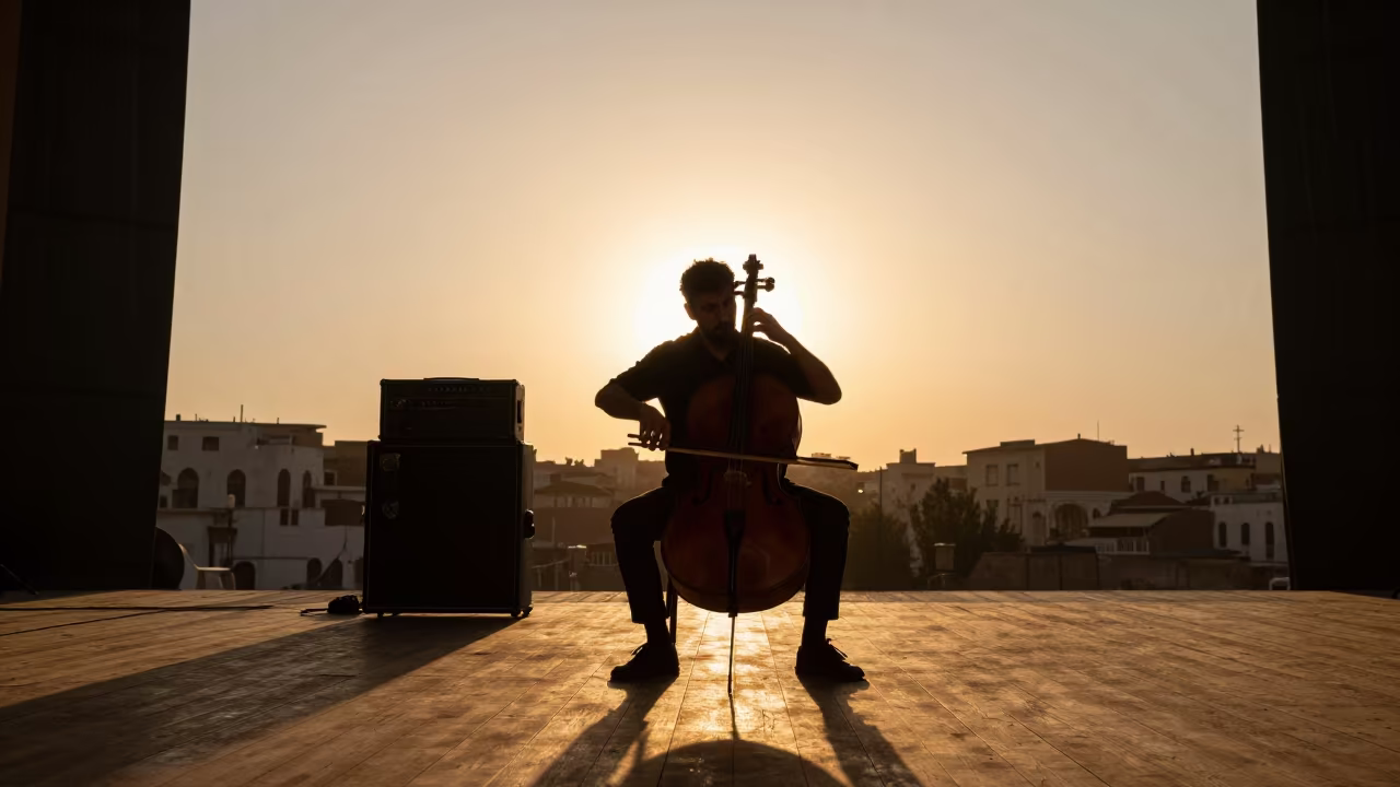 Silhouetted Cellist on Mosul Stage Before Sunset in on a theater stage in Mosul