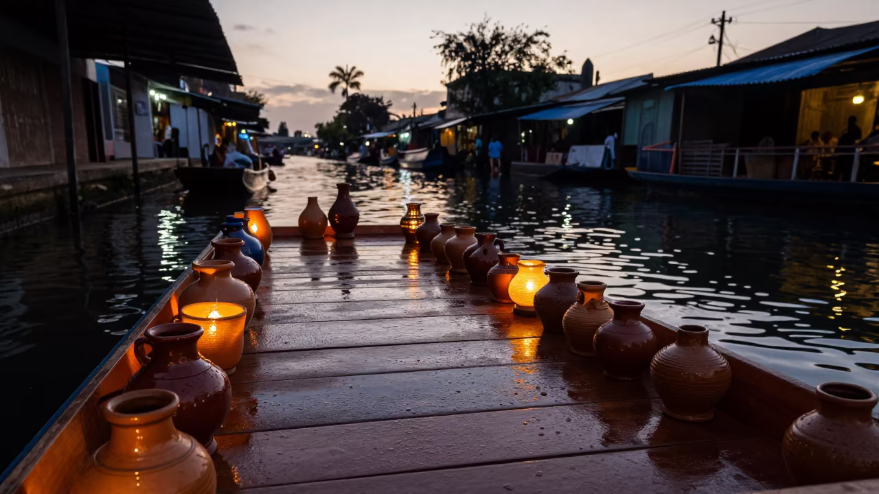 Silhouetted Ceramic Lamps on Market Boat at Twilight in at a floating market boat in Mercado Central, Santiago