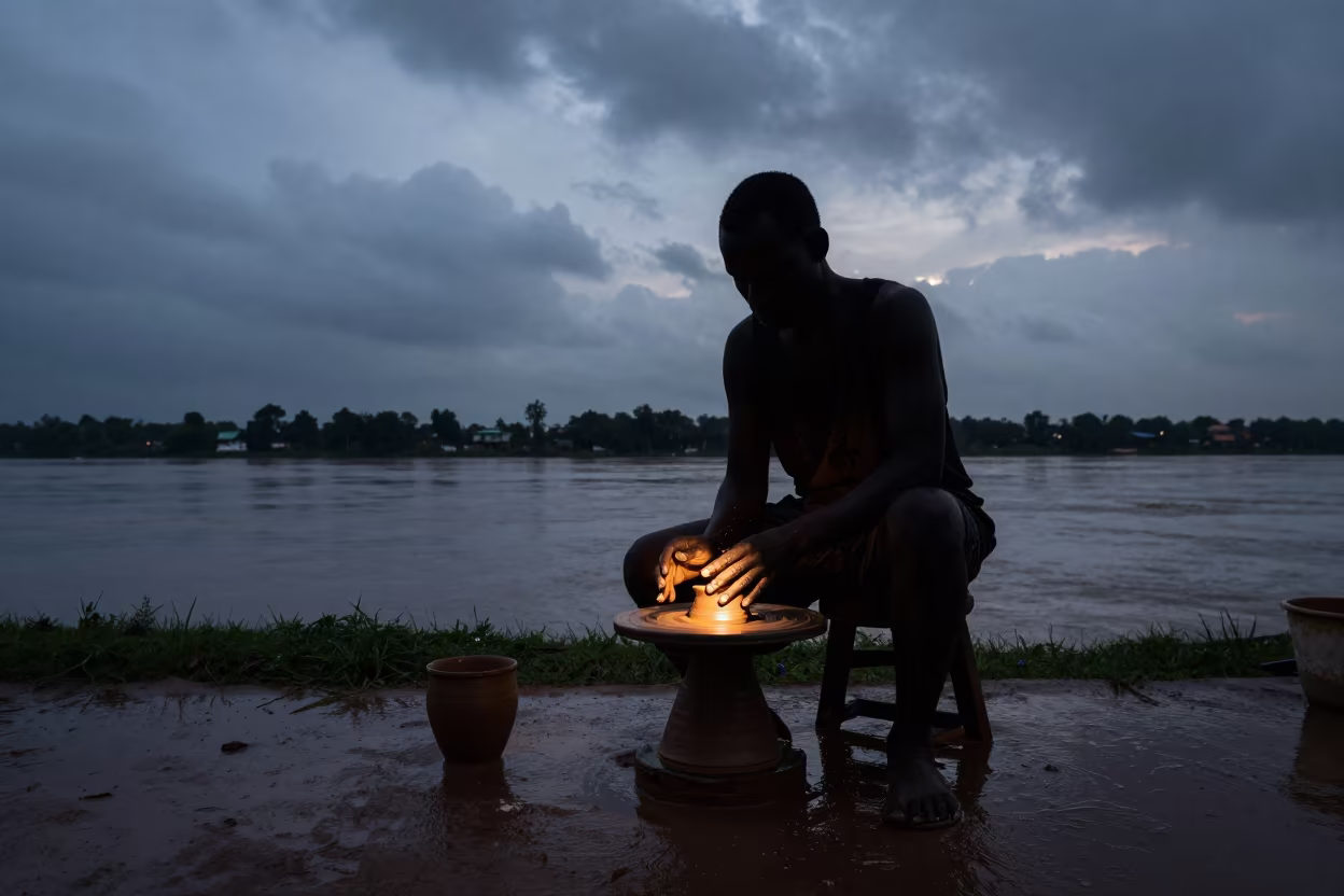 Silhouetted Ceramicist at Chingola Riverside Twilight in near a riverside landing in Chingola