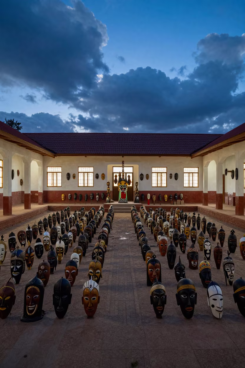 Silhouetted Ceremonial Masks in Wolaita Sodo Hall in in a ceremonial hall in Wolaita Sodo