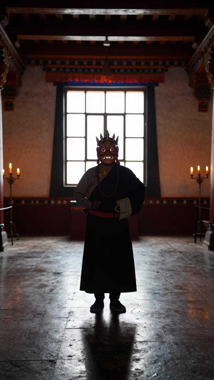 Silhouetted Cham Dancer in Candlelit Abbey Nave in inside a candlelit abbey nave in Denpasar