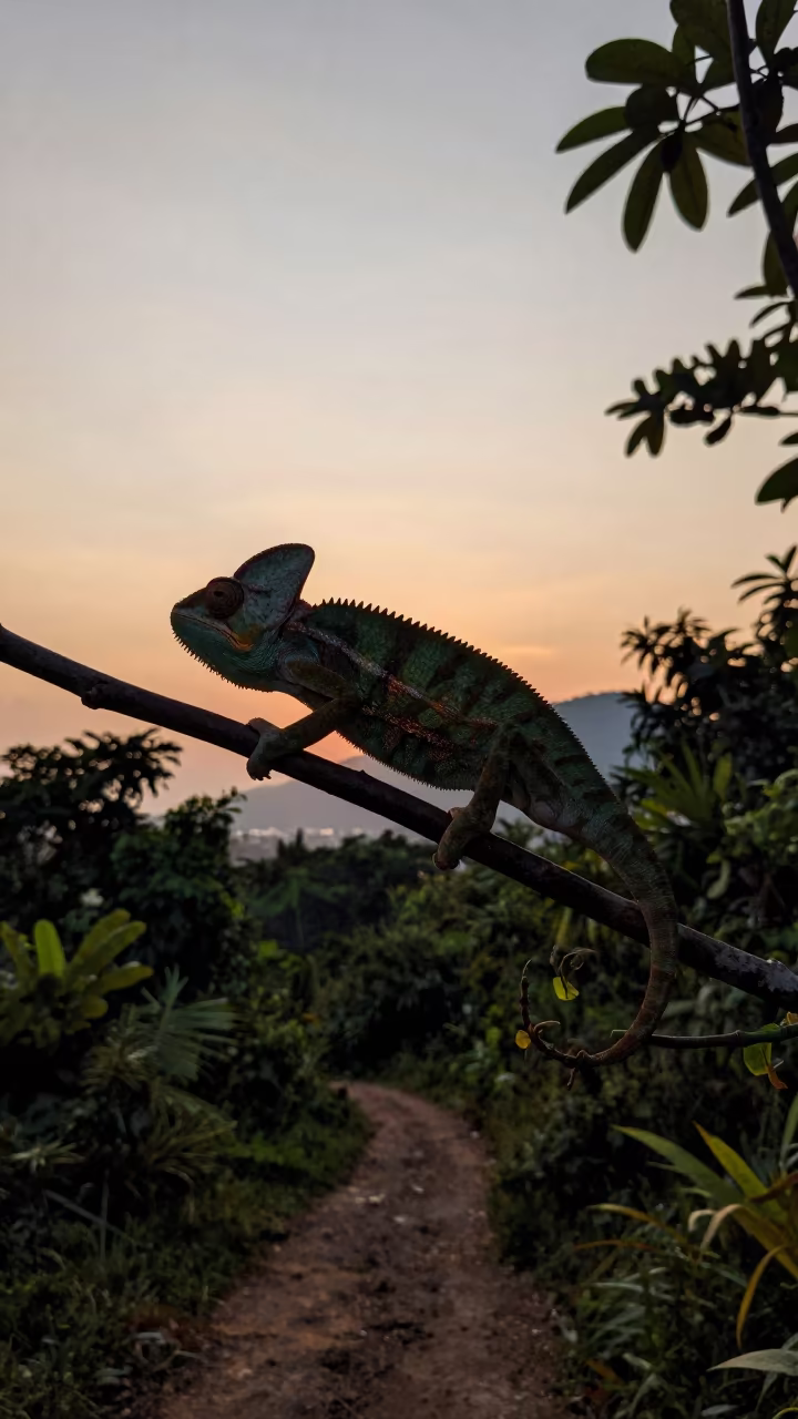 Silhouetted Chameleon on Trail in Rio Dusk in along a game trail near Rio de Janeiro